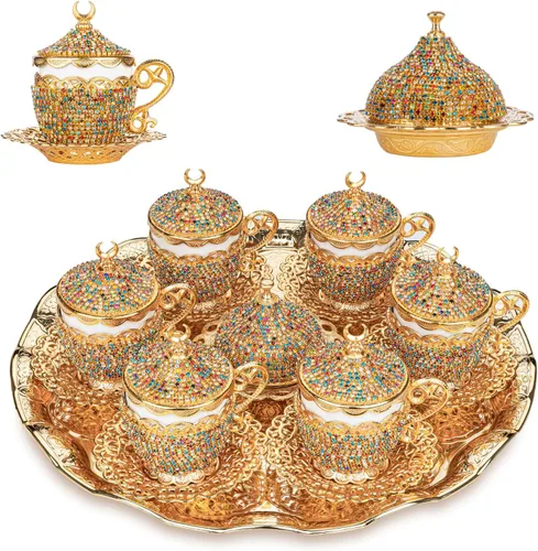 Miniatura 11 de Alisveristime Juego de 27 tazas otomanas de café turco griego árabe para servir, platillo de cristal (Gelincik) – Juego tradicional hecho a mano