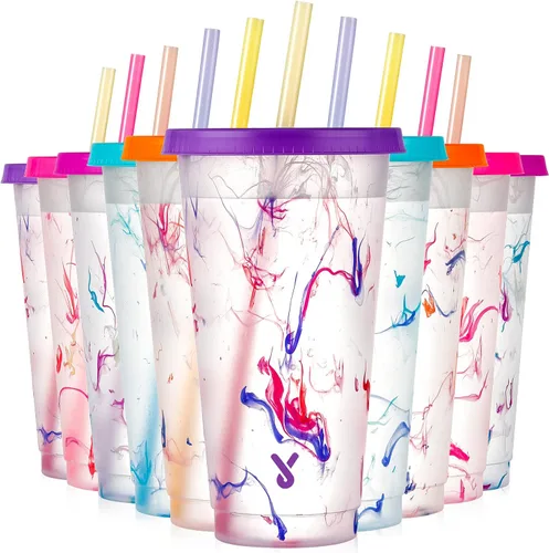 Miniatura 5 de Meoky Vasos fríos que cambian de color con tapas y popotes, paquete de 5 vasos de plástico de 24 oz a granel, reutilizables para fiestas de niños