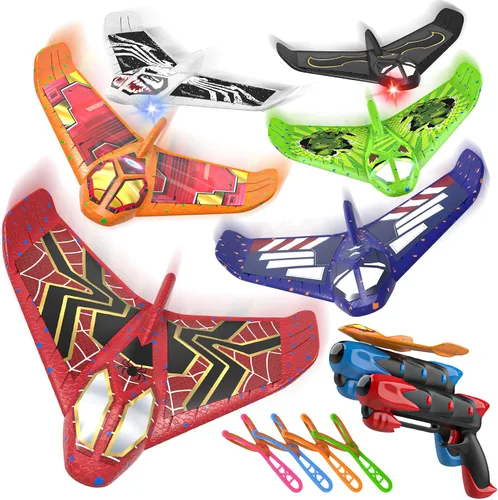 Miniatura 7 de Fuwidvia Paquete de 4 juguetes lanzadores de aviones, juguete de avión de espuma LED con 2 modos de vuelo para niños, juguetes voladores al aire