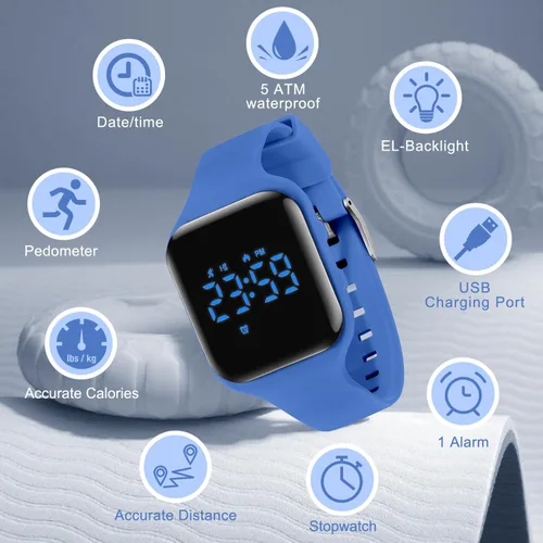 Miniatura 6 de Reloj deportivo digital para niños y niñas con contador de pasos, alarma vibratoria y despertador. Rastreador de actividad a prueba de agua, sin