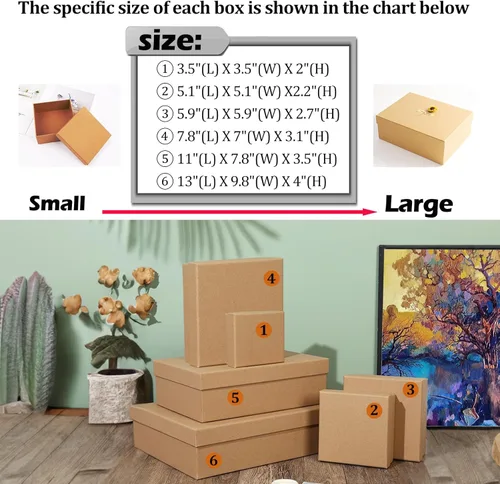 Miniatura 4 de Giftilious Cajas de regalo con tapas para regalos, juego de 6 cajas de regalo vacías, cajas de papel de estraza natural y rústica, caja de regalo