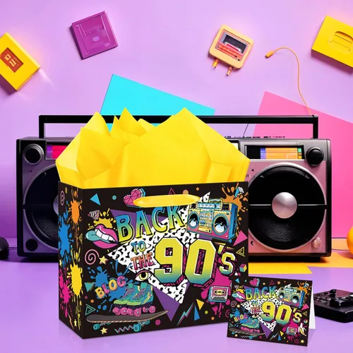 Miniatura 2 de Bolsa de regalo de cumpleaños de los años 90 para hombres y mujeres, bolsas de recuerdos de fiesta temática retro de los años 90 con papel de seda