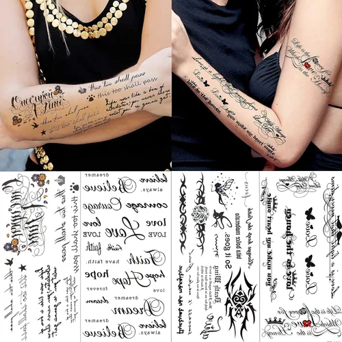 Miniatura 5 de TASROI 18 hojas de tatuajes temporales con citas inspiradoras en negro para mujeres, niños y niños, de larga duración, palabras del alfabeto