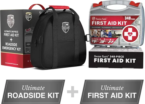Miniatura 2 de Swiss Safe Kit de emergencia para automóvil 2 en 1 Cables de puente de alta resistencia de 12 pies y kit completo de primeros auxilios