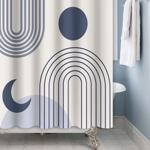 Miniatura 2 de Cortina de ducha moderna y bohemia, cortinas de ducha minimalistas estéticas azules de mediados de siglo para baño, cortinas de baño impermeables