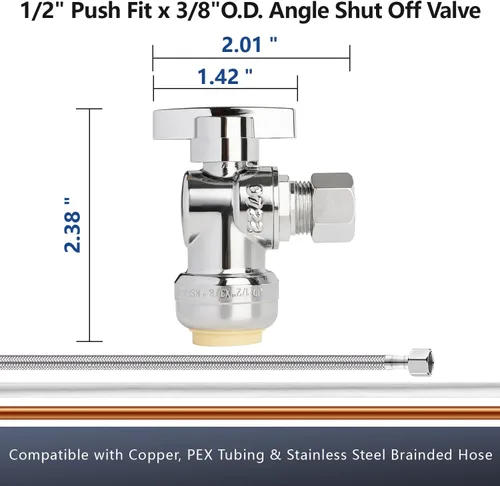 Miniatura 5 de Válvula de Parada Angular WiseWater 1/2" FNPT x 3/8" OD de Compresión, Válvula de Cierre de Inodoro de Cuarto de Vuelta de Latón Cromado para Baño