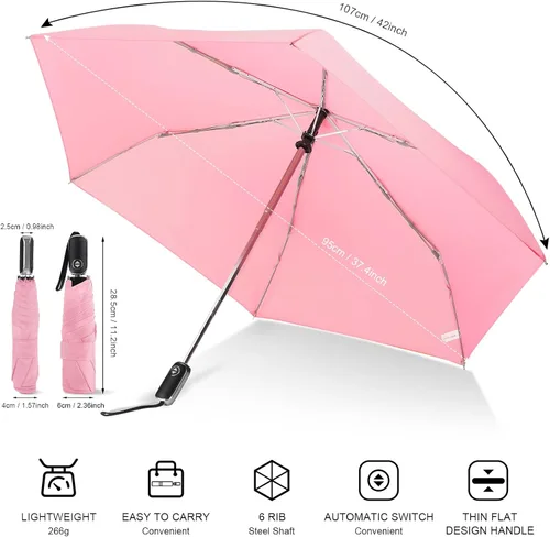 Miniatura 74 de LEAGERA Paraguas de viaje compacto para bolso, mango plano, impermeable para lluvia ligera