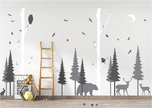Miniatura 5 de PapaKit Calcomanía de pared de pino y abedul del bosque (paquete esencial) para bebés, niñas, niños, guardería, niños, adolescentes, decoración