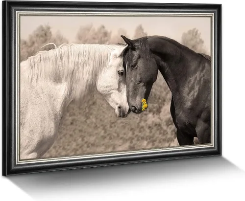 Lienzo decorativo de caballo de granja: gran marco de caballos en blanco y negro, impresiones de retratos de pareja amistosa, imagen de corceles,