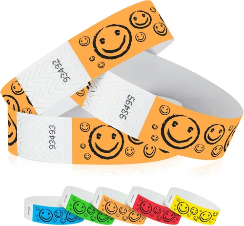 Miniatura 9 de 200 pulseras Tyvek de Wristco con cara sonriente amarilla para eventos, ¾ x 10 pulgadas, impermeables, reciclables, cómodas, resistentes a Amarillo