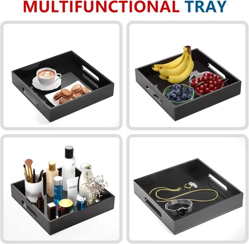 Miniatura 3 de KOTEMON Bandeja de acrílico para servir con asas, bandeja decorativa de 12 x 12 x 2.36 pulgadas, bandeja organizadora para mesa de café otomana