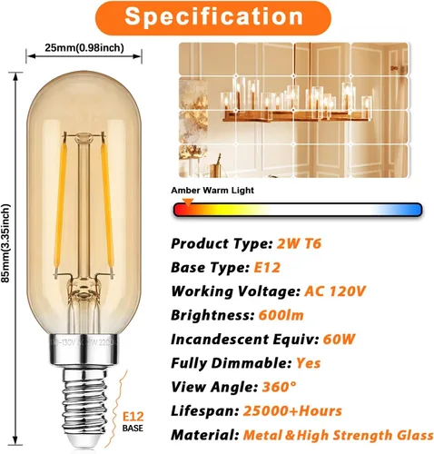Miniatura 3 de Bombillas LED E12 Edison equivalente a 15 W, candelabro equivalente a 15 W, regulable, 2200 K, ámbar cálido, bombillas LED ámbar T6 ámbar 2 W 150 lm