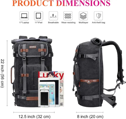 Miniatura 7 de WITZMAN Mochila de lona vintage Mochila de viaje grande para laptop, mochila convertible para hombro, Negro -, Mochilas de viaje