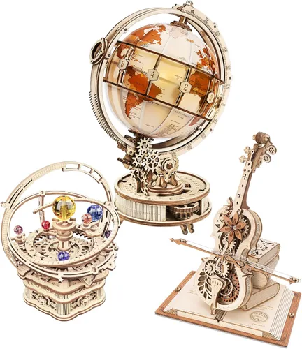 ROKR Juego de rompecabezas de madera 3D para adultos, globo luminoso, caja de música Orrey y caja de música para violonchelo, regalo único para