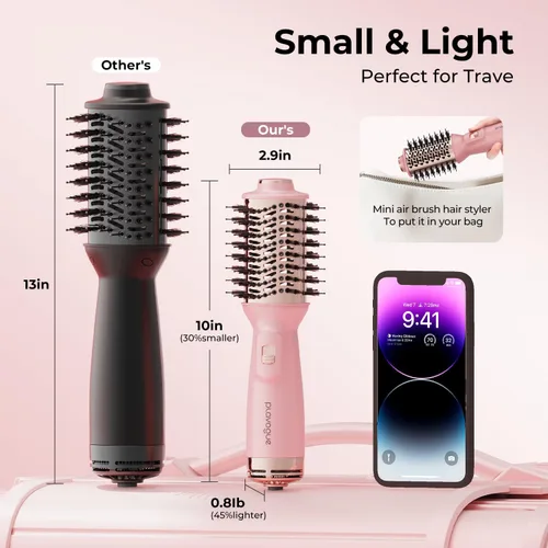 Miniatura 6 de PLAVOGUE Mini cepillo secador de pelo de doble voltaje, cepillo de aire caliente de viaje de 700 vatios con enchufe europeo, secador iónico de un