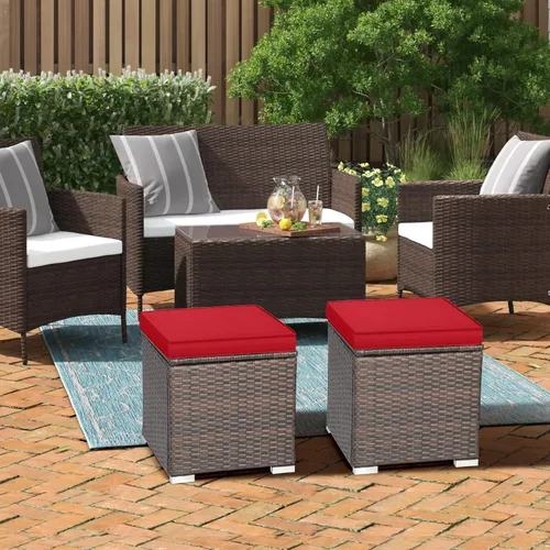 Miniatura 8 de RELAX4LIFE Otomana de mimbre para almacenamiento al aire libre, reposapiés de ratán de 2 piezas con cojín extraíble, reposapiés multiusos, mesa Rojo