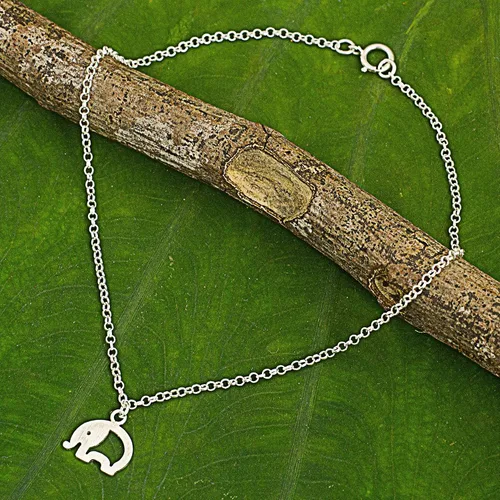 Miniatura 3 de NOVICA . Tobillera con dije de plata de ley 925, 9.75 pulgadas 'Blissful Elephant', Plata de ley