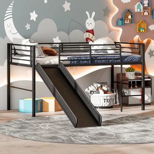 Giantex Cama alta individual con tobogán, litera baja de metal con barandillas de seguridad y escalera integrada, marco de suelo de cama infantil
