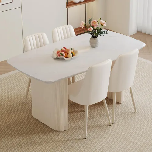 Miniatura 2 de Juego de mesa de comedor blanca para 4, juego de mesa de comedor de mármol de 67 pulgadas con mesa ovalada blanca crema de 3.5 pulgadas de grosor