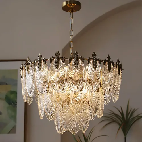 Miniatura 11 de Antique Chandeliers 2-Layer Gold Crystal Glass Chandelier, 4-Light Round Pendant Light 17.7" Brushed Brass Adjustable Height, Applicable to Dining