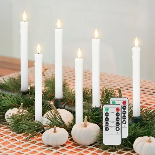 Miniatura 11 de JOIONE Velas cónicas sin llama con temporizador remoto, paquete de 6 velas parpadeantes de cera real, funciona con pilas, velas LED eléctricas