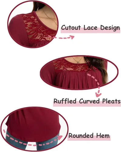 Miniatura 4 de BISHUIGE Blusa de manga corta para mujer, estilo casual, holgada, con panel de encaje, plisada