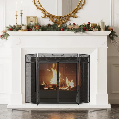 Miniatura 9 de BEAMNOVA - Pantalla para chimenea de 50.2 x 34.3 pulgadas, color negro, con puertas y herramientas, protector contra chispas de 3 paneles, plegable