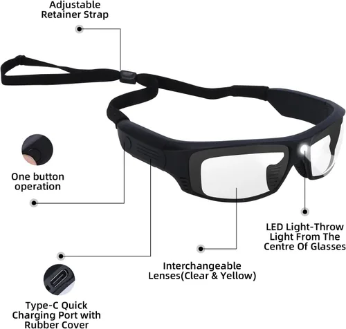 Miniatura 6 de Gafas de seguridad tintadas para hombres y mujeres con luces LED recargables - Altos lúmenes, 13 horas de duración, ANSI Z87.1, armazón TR90, correa