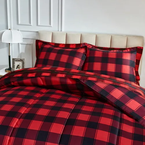 Miniatura 4 de Juego de Edredón y Sábanas de Navidad Queen en una Bolsa, 7 Piezas, Cuadros Búfalo Gingham Rojo y Negro, Juego de Ropa de Cama Estilo Navideño