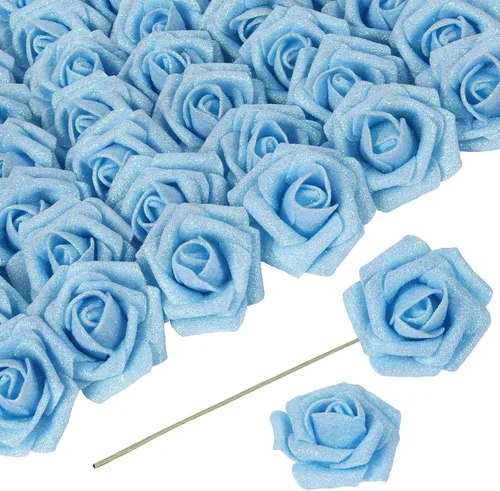 Miniatura 10 de Flores negras con purpurina, 30 unidades, flores artificiales con purpurina, rosas de espuma con tallo, flores sintéticas para bricolaje, ramo