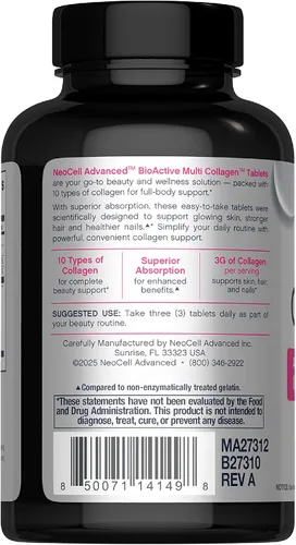 Miniatura 3 de NeoCell Advanced Péptidos de colágeno múltiple 120 tabletas 10 tipos de colágeno piel, cabello y uñas suplemento de belleza para hombres