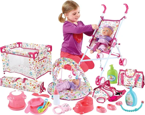deAO Cochecito de bebé para niños, juego de rol con una variedad de juguetes de alimentación y tapete de juego, cuna de viaje, cochecito y bolsa de