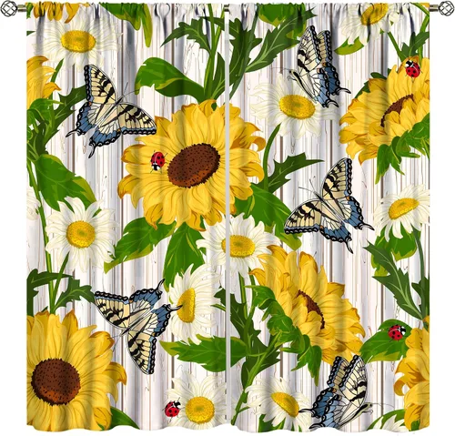 Miniatura 24 de Sunflower Curtains for Living Room Bedroom, Spring Nature Blue Sky and Butterfly Window Drapes, Rustic Wooden Fence Floral Botanical Decor, 2 Panels