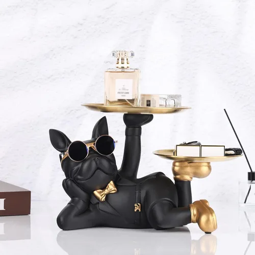 Miniatura 6 de Estatua de bandeja de Bulldog Oliruim - Mayordomo Bulldog con bandeja de almacenamiento para soporte de llaves de entrada, soporte de anillos, plato