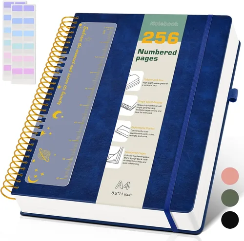Miniatura 17 de Cuaderno de espiral A4 de 8.5 x 11 pulgadas, 256 páginas numeradas, de tapa dura, de cuero, para mujeres y hombres, cuadernos grandes rayados
