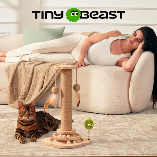 Miniatura 4 de TINYBEAST Poste rascador de madera para gatos, juguete rascador de gato 4 en 1 con pistas de bolas para gatos, poste rascador de sisal de 18