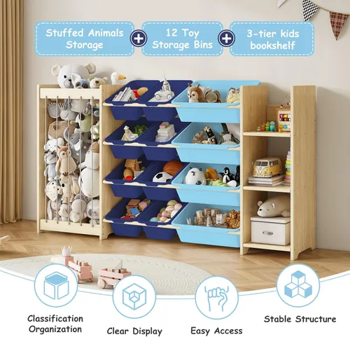 Miniatura 4 de EXPERLAM Organizador de almacenamiento de juguetes 3 en 1, soporte para animales de peluche y estantería de 3 niveles, organizador de juguetes