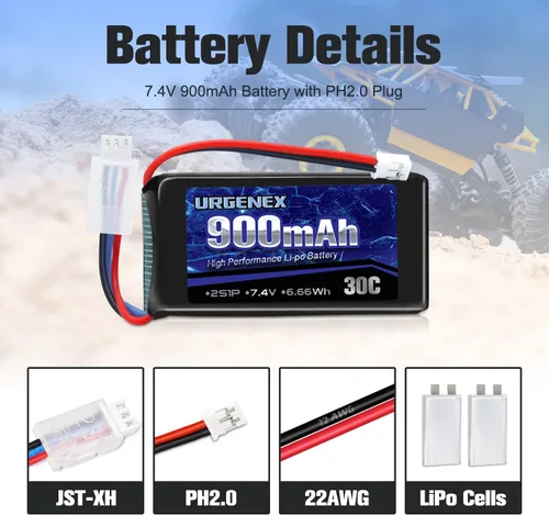 Miniatura 3 de Batería SCX24 7.4V Lipos 2S 30C (60C) Batería de litio recargable de 900 mAh con enchufe PH2.0 compatible con la mayoría de camiones RC a escala