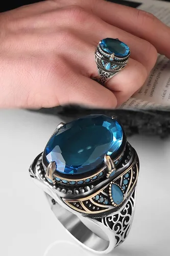 Miniatura 2 de BayVog 925 Sterling Silver Blue Topaz Gemstone Men's Silver Ring, Handmade Engraved Man Silver Ring gifts for men handmade rings valentines day