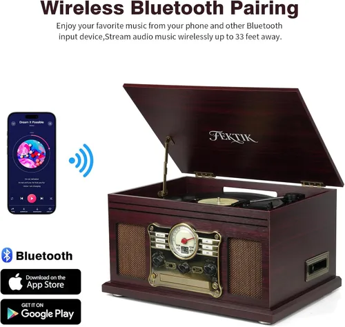 Miniatura 4 de FEKTIK Tocadiscos Bluetooth 10 en 1, tocadiscos de 3 velocidades con altavoces, entrada y salida Bluetooth, CD, casete, radio FM, transmisión
