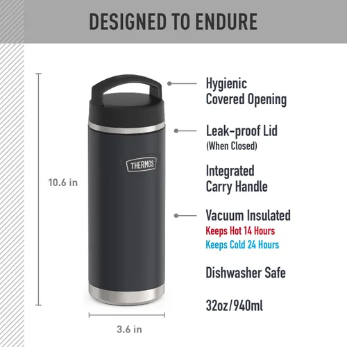 Miniatura 2 de THERMOS ICON SERIES - Botella de agua de acero inoxidable con tapa superior de rosca, 32 onzas, granito, botella de agua aislada con tapa Granite