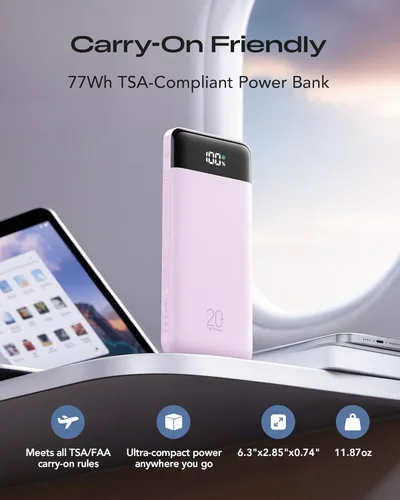 Miniatura 6 de Orfeika Banco de Energía 20000mAh de Carga Rápida, Cargador Portátil con 4 Cables Integrados y 6 Salidas, Paquete de Batería USB C PD de 20W Lavanda
