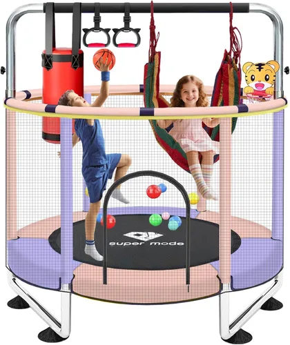 Miniatura 10 de Trampolín de 55 pulgadas para interiores y exteriores para niños con recinto, trampolín para niños pequeños con barra de gimnasia ajustable y Azul
