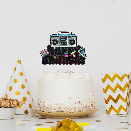 Miniatura 4 de Decoración retro para tartas de cumpleaños de los años 90, decoración de pastel de discoteca hip hop con cinta de casete Boombox y tenis