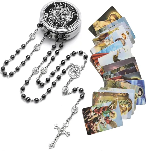 SZQCZB Rosario de San Miguel y Ángel Guardián Católico para Hombres Mujeres, Medalla de Arcángel y Ángel de la Guarda con caja de regalo de metal y