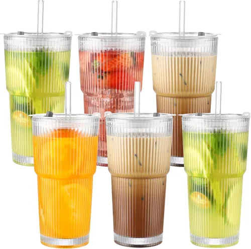 Miniatura 11 de CWHHRN Juego de 4 vasos de vidrio de 20 onzas con tapa y pajita, vaso de vidrio con popote y tapa, cristalería vintage para whisky, cóctel, cerveza