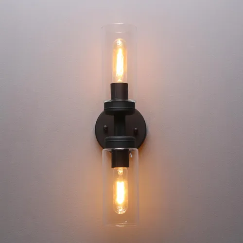 Miniatura 6 de Phansthy Lámpara de pared industrial rústica con pantalla tubular de vidrio transparente (aplique de 2 luces)