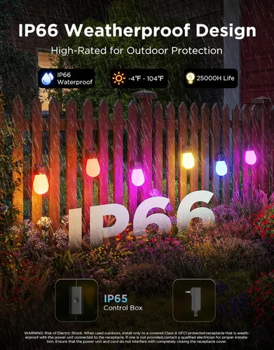Miniatura 4 de Govee Guirnalda de luces S14 para exteriores, luces inteligentes RGBIC de 48 pies de color blanco cálido con 15 bombillas LED, 111 modos de escena
