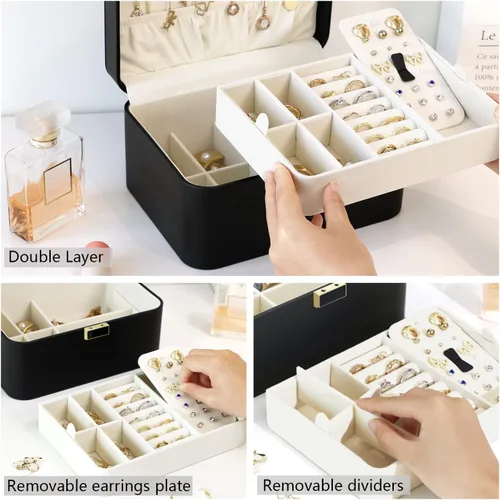 Miniatura 6 de KAMIER Joyero, organizador de joyas de 2 capas para aretes, pulseras, anillos, collares, cuero de lujo y forro de terciopelo suave, caja de regalo
