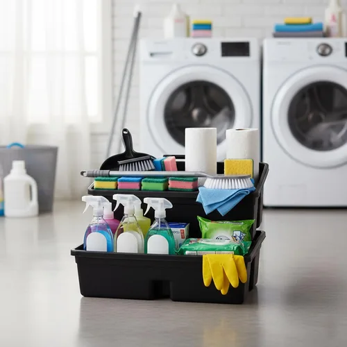 Miniatura 10 de Cesta de limpieza de plástico con 3 compartimentos – Cubo organizador de herramientas de plástico apilable de calidad comercial grande con asa
